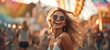 A free spirit happy woman at a music event, fair, amusement park or festival. shallow depth of field. Hand edited generative AI.

