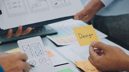 ux Graphic designer creative sketch planning application process development prototype wireframe for web mobile phone . User experience concept.