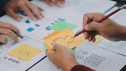 ux Graphic designer creative sketch planning application process development prototype wireframe for web mobile phone . User experience concept.