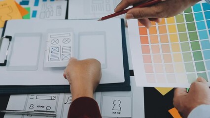 ux Graphic designer creative sketch planning application process development prototype wireframe for web mobile phone . User experience concept.