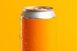 Can of fresh soda with water drops on orange background, closeup. 