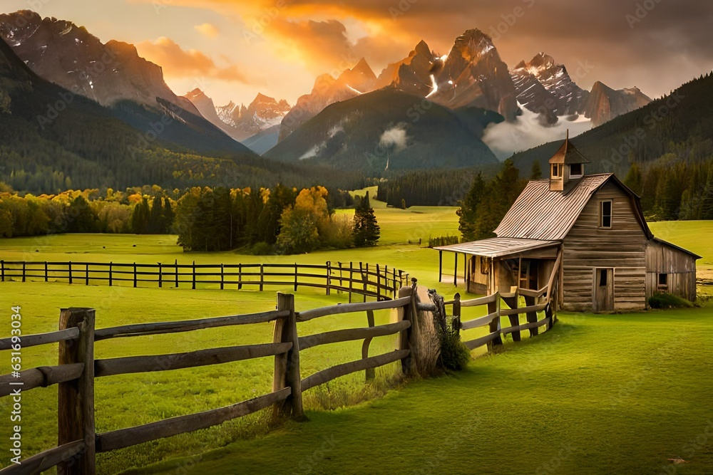 A rustic old farm house with a sprawling pasture on a horse ranch comes ...