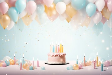  light pastel-colored birthday background with a cake and candles on the right side of the image. Decorate the left side of the image with balloon confetti decorations