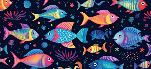 Scandinavian-inspired seamless pattern featuring cute fishes in illustration. Ideal for nautical-themed designs and childrens artwork. Concept of aquatic art.