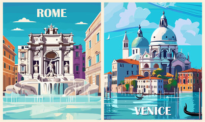 Set of Italy Travel Destination Posters in retro style. Rome, Venice, Italy prints. European summer vacation, holidays concept. Vintage vector colorful art illustrations.
