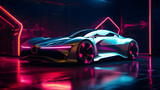 Fototapeta Londyn - Futuristic cyberpunk inspired car, neon lights