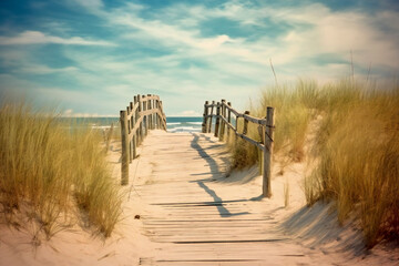  A path to the beach with old wooden fences and sand dunes