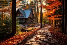 View Of A Cozy Log Cabin Nestled Among A Forest Of Maple Trees Aflame With Autumn Colors