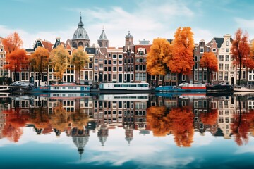 Wall Mural - Amsterdam with its gabled houses mirrored in the calm canal, framed by trees showing their vibrant fall foliage