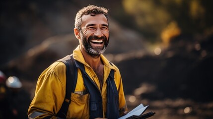 smile of Engineer man Technician Workers on mining district.