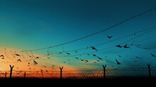 Abstract Barrier Wire Fence Refugee Twilight Sky. Deliverance Broke Spike Change Bird Boundary Human Rights Slave Prison Jail Break Hope Freedom Justice Social Liberty Day World War Generative Ai