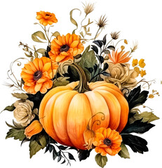 watercolor halloween illustration with bright pumpkins, black flowers and leaves, bones drawn by han