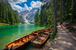 Wooden boat at lake Braies, Southern Tyrol, Dolomites, Italy