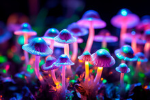 Purple Mushrooms With Glowing Pink And Orange Lights In A Dark Background.