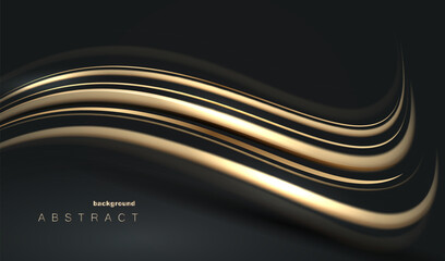 Wall Mural - Gold wave flow and golden glitter lines on black background. Abstract shiny golden wavy luxury background. Flow wallpaper web vector design.	
