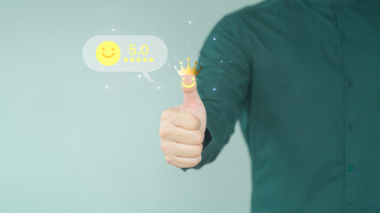 Poster - Male hand show thumb up with smile face icon and five star. Assessment testimonial, feedback, review, good, good product and service, quality. Customer service satisfaction concept.