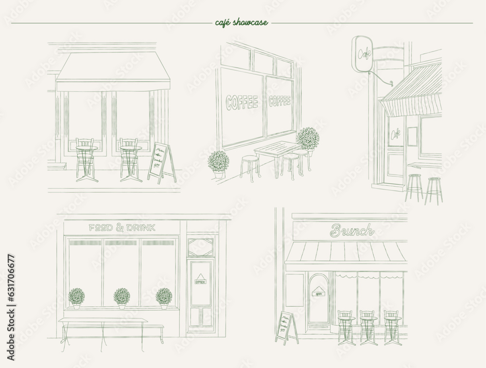 Сollection of cafe windows in sketch style. Editable vector ...