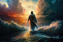 The Figure Of Jesus Walks On Water On A Beautiful Dramatic Sunset Background Created With Generative AI Technology