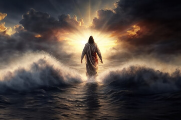 The figure of Jesus walks on water on a beautiful dramatic sunset background created with Generative AI technology