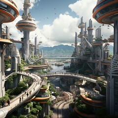 Wall Mural - green eco city concept, futuristic high-tech city with advanced infrastructure, science fiction city
