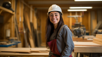Portrait of happy female carpenter looking at camera wearing protective ware in modern woodworking shop, woman in carpentry shop, copy space