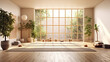 © Татьяна Прокопчук - Empty yoga studio interior design, open space with mats, pillows and accessories, parquet, patio house, inner garden with tree and pebbles, meditation room