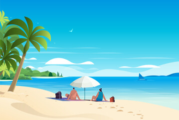 Wall Mural - man woman couple sitting together under umbrella on tropical beach summer vacation time to travel concept