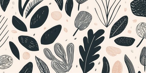 Hand drawn minimal abstract botanical shapes pattern. Collage contemporary print. Fashionable template for design, Generative AI