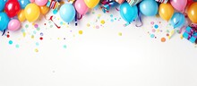 Birthday Party Banner Or Backdrop Featuring Vibrant Balloons, Presents, Party Hats, Confetti, Candies, And Streamers. Presented In A Flat Lay Style With Ample Space For Personalized Greeting Text.