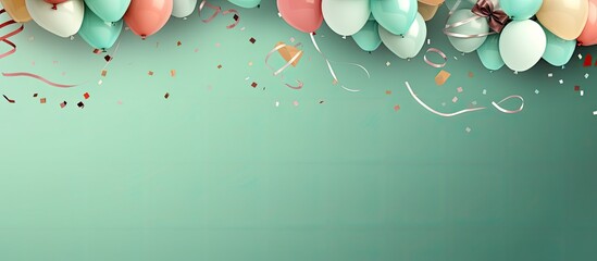 Leinwandbilder - a background image that features birthday balloons, confetti, and ribbons on a pastel green background. is taken from a top view and has enough space for additional text. It would be suitable for