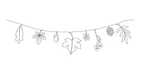 Wall Mural - one line drawing of autumn leaves hello autumn concept minimalist wall decorated rope string hanging isolated