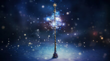 Christmas Magic Wand With Sparkle On Blue Background, Miracle Magical Stick Wizard Tool On Hot Blue.