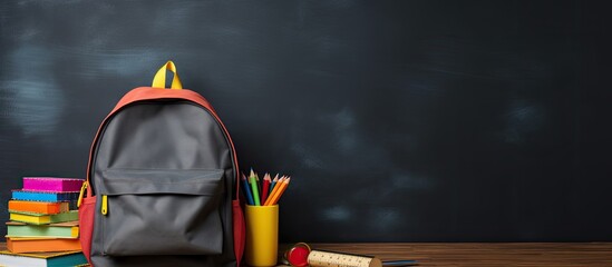 Fototapete - The mockup template features educational accessories, such as a backpack, student books, shoes, and colorful crayons on a blackboard background.