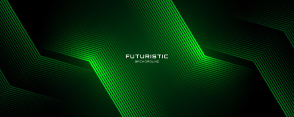 Wall Mural - 3d green techno abstract background overlap layer on dark space with glowing lines shape decoration.