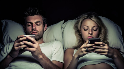 Couple sleeping with smartphones in their bed. Mobile phone addiction. Bored distant couple ignoring each other lying in bed at night while using mobile phones.