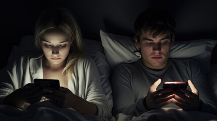 couple couple with smartphones in their bed. mobile phone addiction. bored distant couple ignoring e