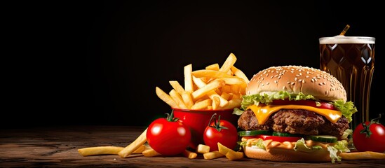 Sticker - Fast food take away with a top view of a sandwich, potato fries chips, and a cola with ice, along with copy space.