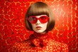 Leinwandbild Motiv Portrait of a happy fair-haired woman in sunglasses Colourful psychedelic 1970s. AI generative.