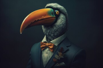 Wall Mural - Anthropomorphic toucan dressed in a suit like a businessman. Business Concept. AI generated, human enhanced