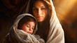 Mary holding jesus in her arms. Woman holding an baby. Graphic representation. AI generativ.