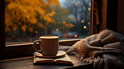 cup of hot autumn coffee or tea on the window. living in hygge style. hot drink in cold autumn fall 