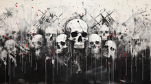 Black And White Painting Showing Skulls And Crossbones Against On White Wall Background, In The Style Of Spray Paint, Grunge Skull Paint, Skull Graffiti, Generative Ai