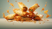 Advertisement Studio Banner With Depp Fried Summer Or Spring Rolls Flying In The Air On Pastel Gradient Background.