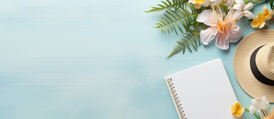 Poster - Flat lay with copy space featuring a blank writing book with summer beach accessories in the background.