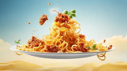 Advertisement studio banner with a plate of freshly cooked pasta spaghetti and minced meat and tomato sauce bolognese flying in the air on pastel gradient background.