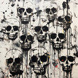 Black and white painting showing skulls and crossbones against on white wall background, in the style of spray paint, grunge skull paint, skull graffiti, generative ai