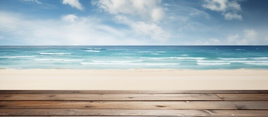 Poster - A wooden table or pier is shown in the presence of a sunny beach and sea in the background. provides an ample amount of space for featuring and promoting your product.