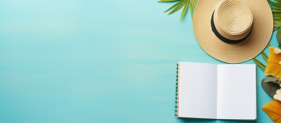 Poster - A blank writing book featuring summer beach accessories is placed on a background with copy space. is taken from a flat lay perspective.