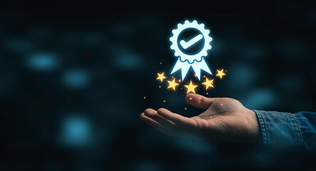 Fototapete - Businessman holding and showing the best quality assurance with golden five stars for guarantee product and ISO service concept.