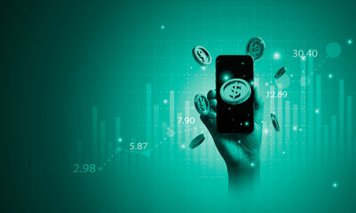 Wall Mural - Hand holding smartphone with coins include dollar Yen yuan Euro and pound sterling on green background for currency exchange and forex trading concept.